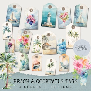 Strand Cocktail Themed Junk Journal Tags zum bedrucken mit Palmen Boote Meereswellen Leuchtturm, Vintage Style Sommer Scrapbooking Ephemera