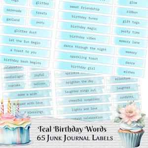 Anniversaire, étiquette de journal indésirable imprimable bleu sarcelle, étiquette numérique pour scrapbooking, Vision Board, artisanat, kit de ferraille éphémère