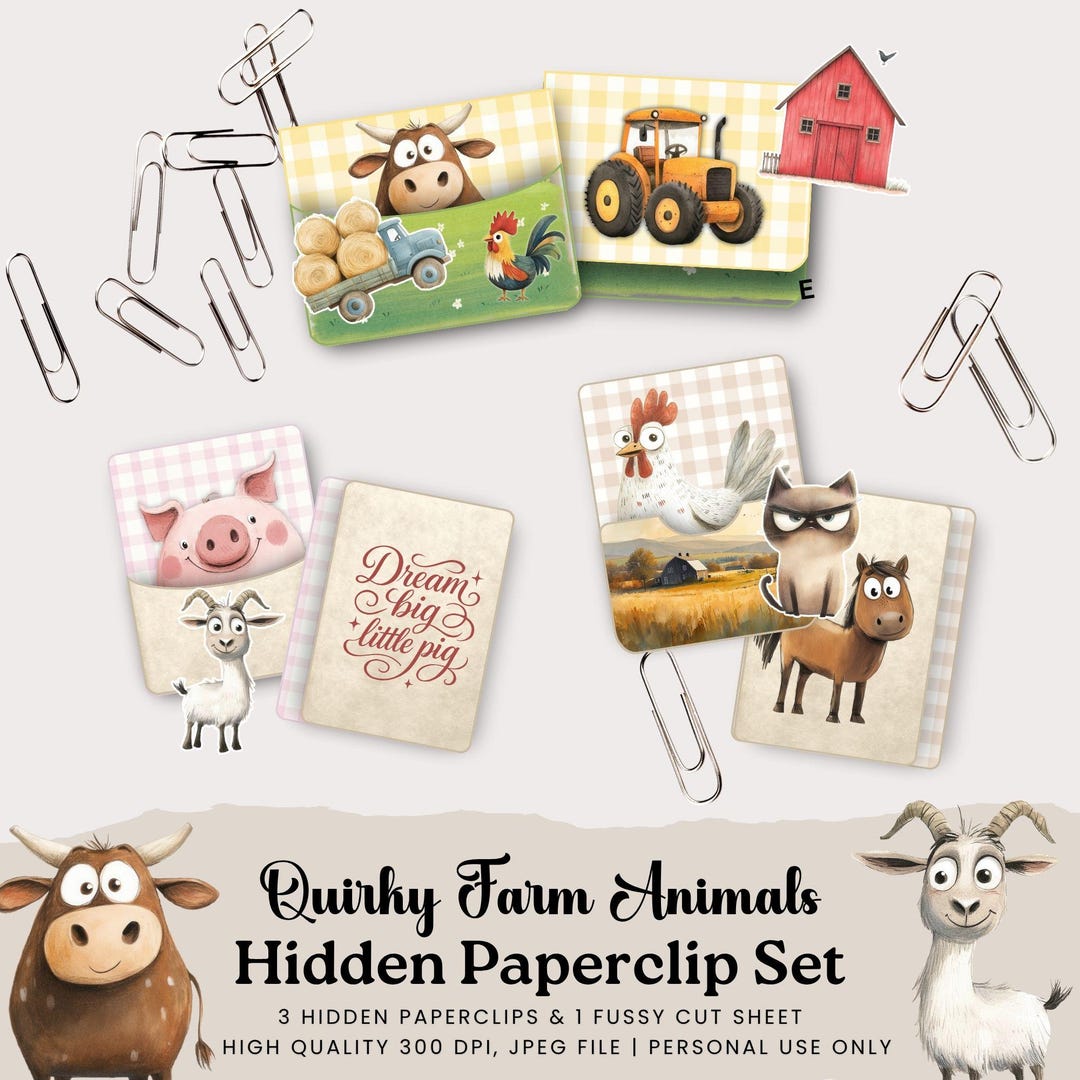 Quirky Farm Animals Hidden Paperclip, Funny Ephemera Set, Tractor Fussy ...
