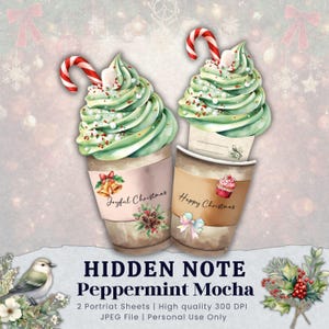 May include: Watercolour illustration of two coffee cups with green whipped cream, candy canes, and the text "Joyful Christmas" and "Happy Christmas." The image is labelled "HIDDEN NOTE Peppermint Mocha."