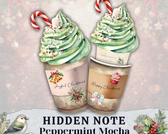 Versteckte Notiz, Kaffeetasse Fussy Schnitte, druckbare Aufkleber, Junk Journal Ephemera Set, Urlaub Geschenkanhänger, Überraschungs Karte, DIY Weihnachten Handwerk