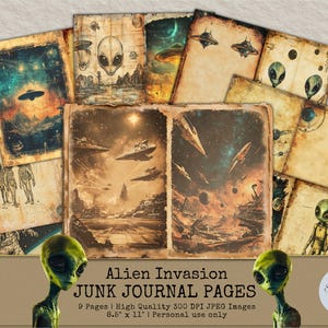 Alien Junk Journal Pages,UFO Digital Paper,Vintage Sci-Fi Printable Ephemera,Alien Invasion Scrapbook,Grunge Astronaut Galaxy Journal Kit