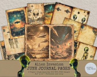 Alien Junk Journal Pages,UFO Digital Paper,Vintage Sci-Fi Printable Ephemera,Alien Invasion Scrapbook,Grunge Astronaut Galaxy Journal Kit