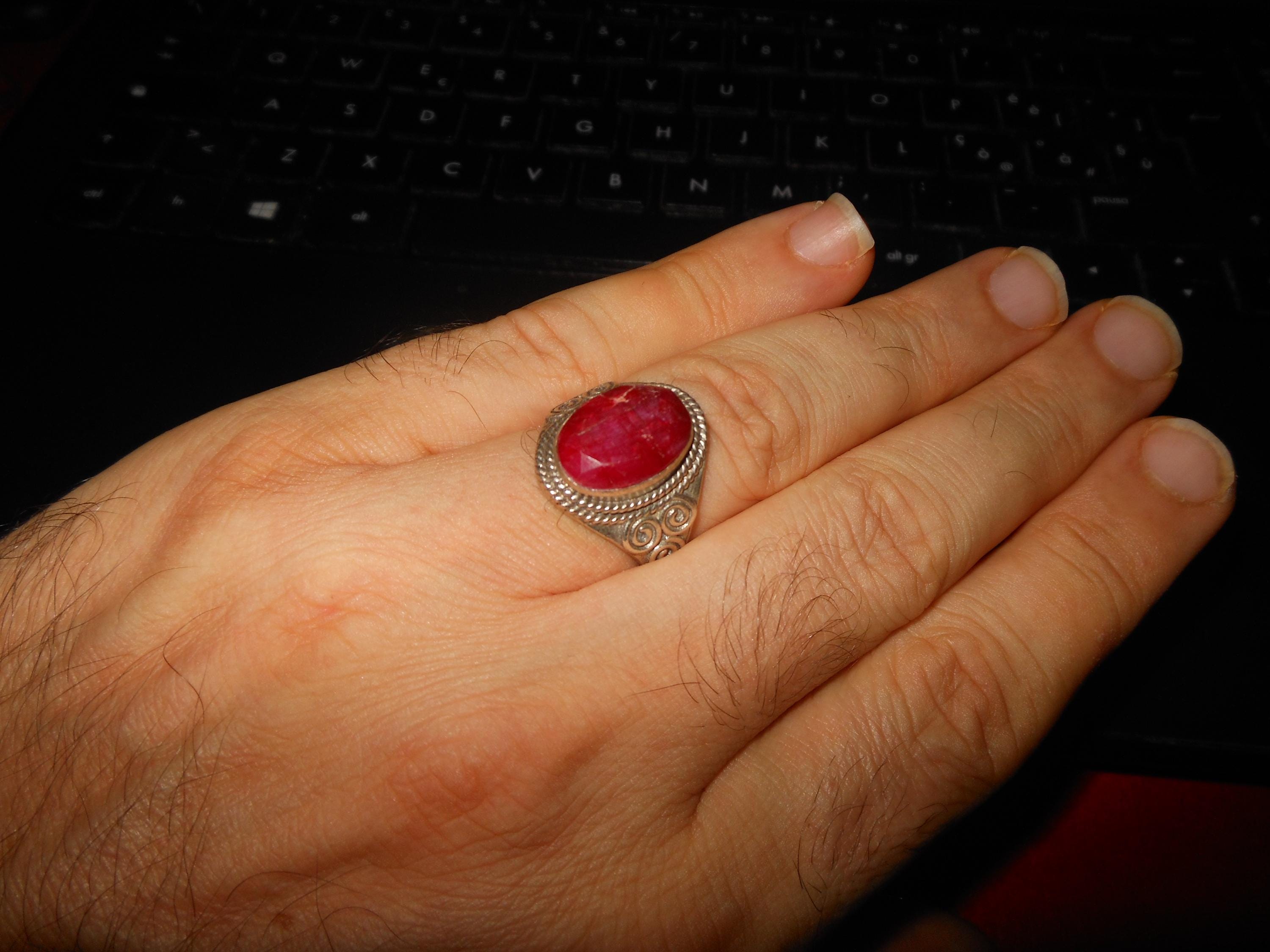 Anello Filigrana Argento 925 Con Rubino Simulato Taglio Smeraldo Art Deco