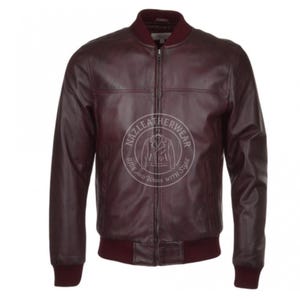 Men&#39;s Burgundy Sheepskin Leather Bomber Jacket: Handmade Varsity Style