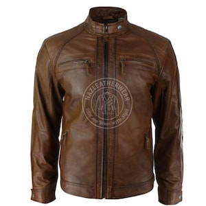 Men&#39;s Brown Sheepskin Leather Cafe Racer Jacket: Handmade Biker Outerwear