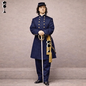 Könnte beinhalten: Eine marineblaue Uniform aus der Zeit des Bürgerkriegs mit goldenen Knöpfen und einer passenden Mütze. Die Uniform umfasst einen langen Mantel, eine Hose und eine dekorative Schärpe mit goldenen Quasten. Ein Schwert wird vor der Uniform gehalten.
