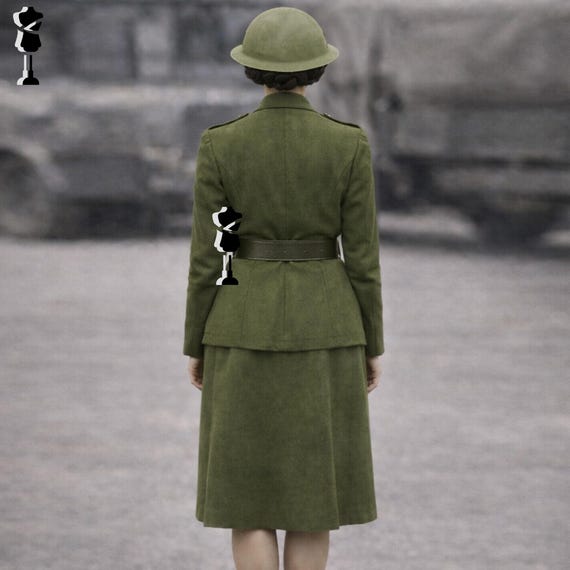 ladies military dress WWII British Women's Service Uniform, MTC Uniform, Olive Green Army Material:Beaded