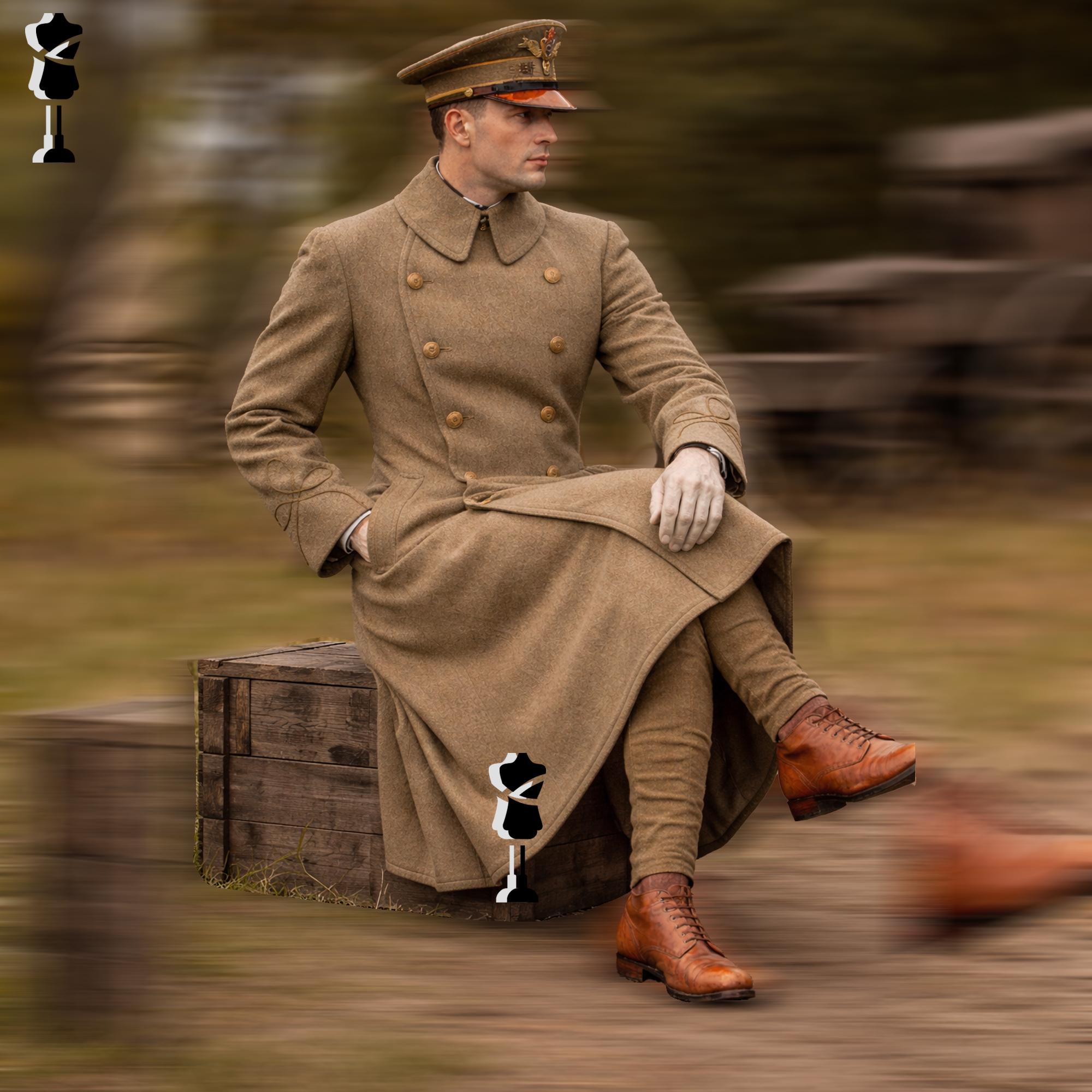 World War I U.S. Army Officer Service Overcoat, Men Khaki Wool