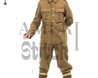 May include: A tan military uniform consisting of a jacket with four pockets and gold buttons, and matching trousers. The uniform includes a pair of wrapped leg coverings. The uniform is a historical costume.