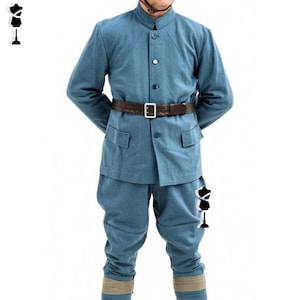 May include: A blue uniform consisting of a long-sleeved jacket with a mandarin collar, two front pockets, and matching pants. The outfit is cinched with a brown belt. The pants have a unique, gathered design at the knees.