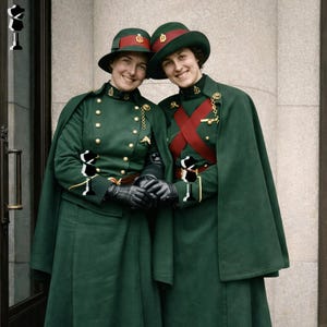 Puede incluir: Dos personas con uniformes militares verde oscuro a juego, con capas y sombreros. Los uniformes tienen botones dorados, charreteras y detalles en rojo. También llevan guantes negros y sonríen.