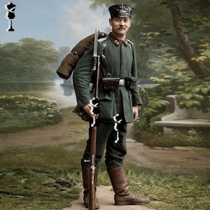 May include: A soldier in a dark green uniform with a peaked cap, brown leather boots, and a brown bedroll. The soldier wears a leather harness with pouches and holds a long rifle with a bayonet attached. The uniform features red collar tabs.
