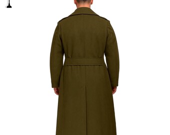 オリーブグリーンのウール製グレートコート：イギリス陸軍スタイルの