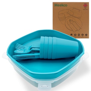 May include: A turquoise picnic set containing plates, cups, forks, and spoons, stored in a square container with a clear lid. The background features a cardboard box with the brand name "Meekco" and a UK seller logo.