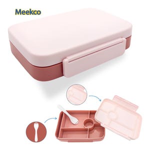 May include: A two-tone pink and red lunch box with a matching lid and a white fork-spoon utensil. The lunch box is rectangular with a secure latch. The brand name "Meekco" is visible in the top left corner. The interior has multiple compartments.