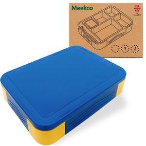 May include: A blue and yellow lunch box with a rectangular shape. The box has a blue lid and yellow accents on the sides. The packaging shows a diagram of the lunch box's compartments and the text "Meekco". UK Seller label.