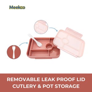 May include: A pink bento box with a removable lid and a white fork-spoon utensil. The box has multiple compartments for food storage. Text on the image reads: REMOVABLE LEAK PROOF LID CUTLERY & POT STORAGE.