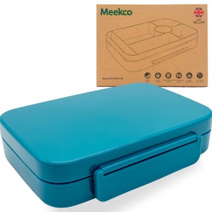 May include: A teal-colored rectangular lunchbox with a secure latch. The box is shown with its packaging, which features a diagram of the lunchbox's interior compartments and the brand name "Meekco". The packaging also includes icons indicating features.