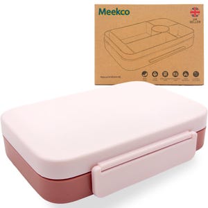 May include: A pink and burgundy bento box with a white lid and a secure latch. The box is divided into compartments for different food items. The packaging box in the background has the brand name "Meekco" and a diagram of the bento box.