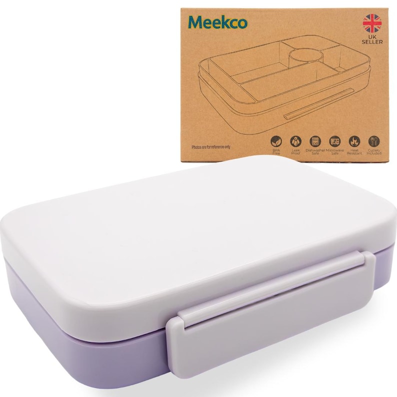 May include: A white and lavender bento box with a secure latch. The box is shown with its packaging, which features the brand name "Meekco" and a diagram of the box's interior compartments. The packaging also includes icons indicating the box's features.
