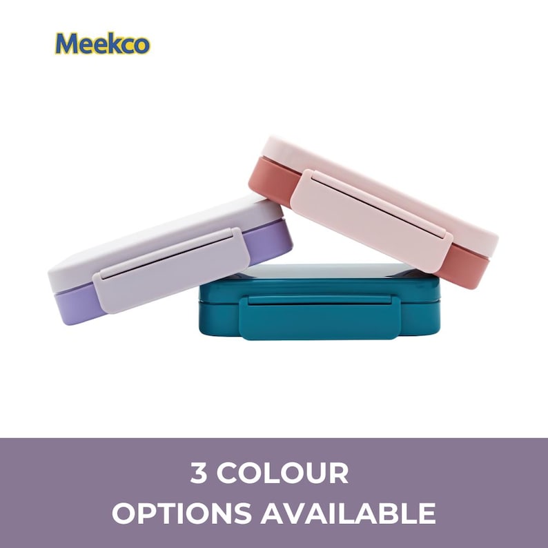 May include: Three colorful lunch boxes are stacked on top of each other. The top two boxes are angled, showcasing their lids and clasps. The boxes are in shades of teal, pink, and lavender. The text "3 COLOUR OPTIONS AVAILABLE" is at the bottom.
