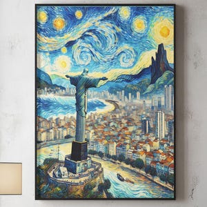Brasilien Christus der Erlöser Van Gogh Sternennacht Stil | Moderne Stadtansicht druckbare Wand Kunst | Sofortiger digitaler Download, Postkarte