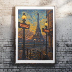 Escena típica parisina: Torre Eiffel junto a la mítica estación de metro de París. Pintura al óleo impresionista imprimible, arte mural, descarga digital.