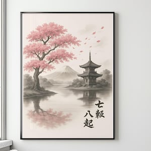 May include: Framed art print featuring a serene Japanese landscape. A pink cherry blossom tree and a traditional pagoda are reflected in the water. The artwork includes a mountain in the background and Japanese characters.