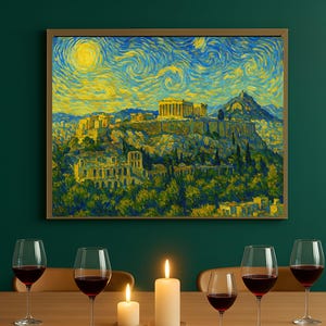 Horizon d'Athènes dans le style de Van Gogh, Acropole - décoration d'art mural imprimable Parthénon, téléchargement numérique instantané, carte postale originale et confortable, cadeau.