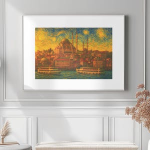 Vue d'Istanbul dans le style Van Gogh, Sainte-Sophie revisitée, art mural imprimable, téléchargement numérique instantané, carte postale originale et élégante.