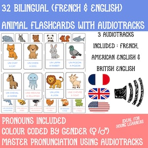 32 French English Animal Flashcards Printable | Bilingual Kids Learning Cards | Gender Pronouns | Audio Tracks | ESL PDF MP3 | Montessori