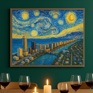 Vue sur Miami dans le style « Nuit étoilée » de Van Gogh, décoration d'art mural imprimable Miami Coast, téléchargement numérique instantané, carte postale originale et élégante.