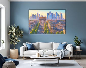 Champs-Élysées, Arc de Triomphe and La Défense Cityscape in a modern colored sketch style Printable Decor, Paris Skyline, Digital Download