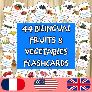 44 French English Fruits & Vegetables Flashcards Printable | Bilingual Kids Learning | Audio Tracks | ESL FLE PDF MP3 | Montessori