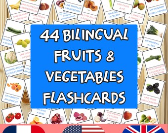44 French English Fruits & Vegetables Flashcards Printable | Bilingual Kids Learning | Audio Tracks | ESL FLE PDF MP3 | Montessori