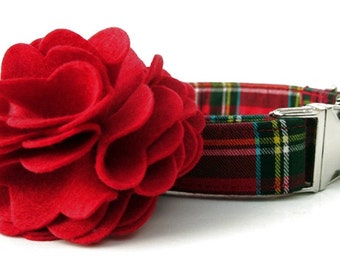 Red Tartan Plaid Dog Collar and Flower Set - Scottie Plaid - Nickel Hardware