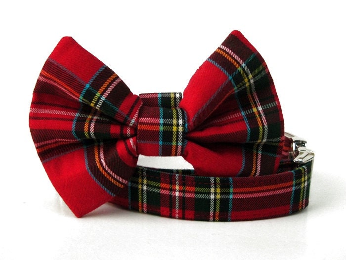 Red Plaid Bow Tie Dog Collar Scottie Plaid Nickel Hardware Etsy