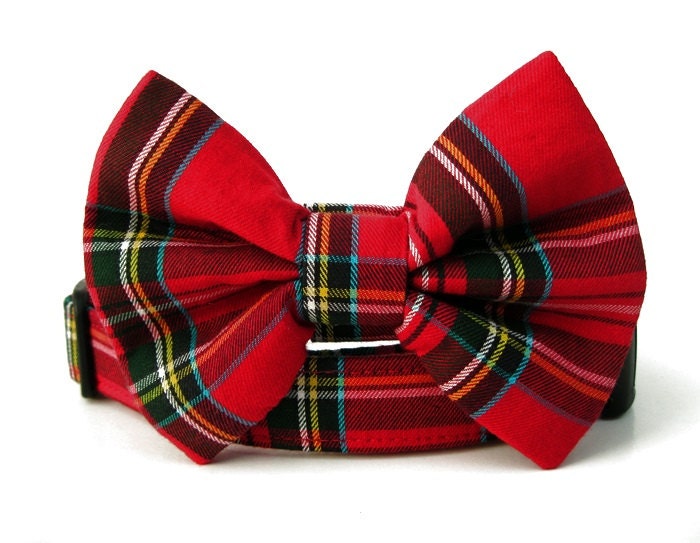 Red Plaid Bow Tie Dog Collar Scottie Plaid Black Hardware Etsy