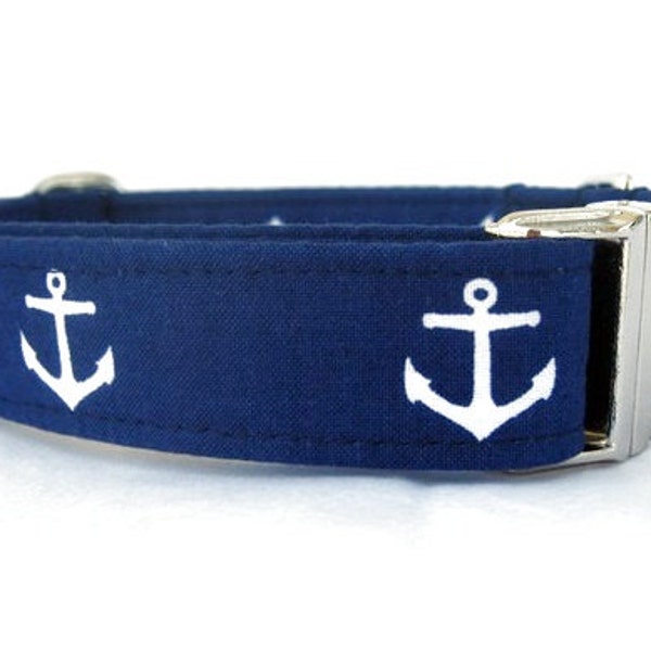 Nautical Dog Collar with Nickel Hardware - Anchors on Navy