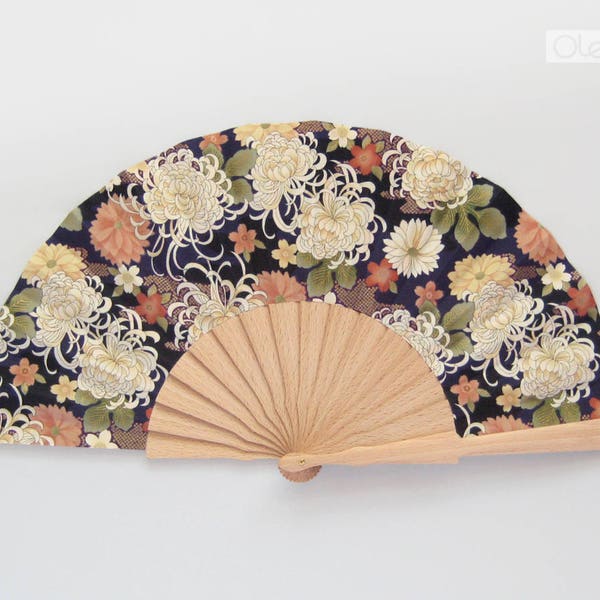 Japanese white flowers on dark purple | Spanish folding hand fan |  golden print | Floral accessory | Wedding Bouquet | quinceanera gift