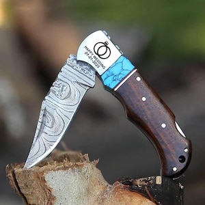 Handmade Turquoise Pocket Knife, Damascus Folding Knife, Perfect Gemstone Gift Knife for Anniversaries Personalized Groomsmen Gifts for Him
