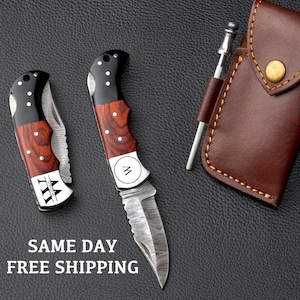 Birthday Gift Folding Knife, Handmade Damascus Pocket Knife, Gift for Father, Groomsmen Gift, Anniversary Wedding, Personalized Gift for Him