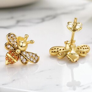 Bee Stud Earrings 925 Sterling Silver • Gold Plated CZ Crystal Earrings • Cute Insect Jewelry for Women • Nature Inspired Jewelry