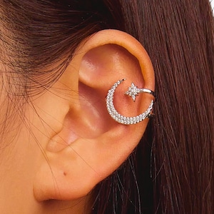 Celestial Beauty Sterling Silver Ear Cuff with CZ Star and Moon • Shimmering Ear Clip for Women  • Minimalist Jewelry • Celestial Earring