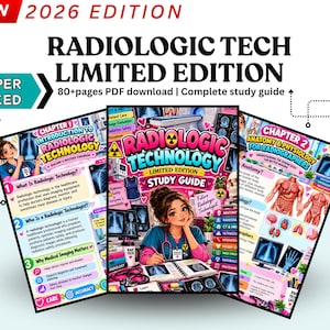 May include: A 2026 edition Radiologic Tech limited edition study guide PDF download. The cover features a cartoon radiologic technologist, medical imaging equipment, and anatomical diagrams. Text includes Chapter 1 Introduction to Radiologic Technology and Chapter 2 Anatomy & Physiology for Radiographers.