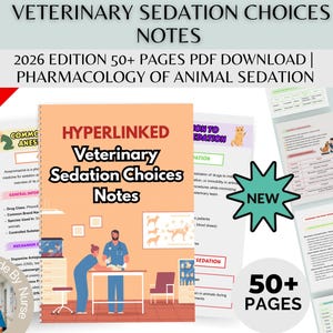 Może przedstawiać: Cyfrowe pobieranie zatytułowane "Veterinary Sedation Choices Notes" z tekstem "2026 Edition" i "50+ Pages". Okładka przedstawia scenę z kliniki weterynaryjnej. Baner "75% OFF" znajduje się w lewym górnym rogu.
