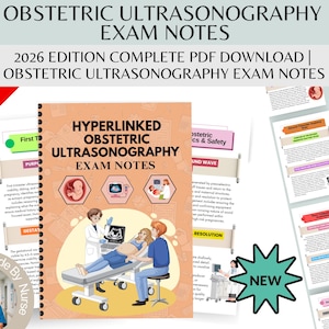 May include: A digital download of obstetric ultrasonography exam notes. The cover features the title "Hyperlinked Obstetric Ultrasonography Exam Notes" with illustrations of an ultrasound and a pregnant woman. The image includes the text "2026 Edition Complete PDF Download".