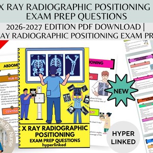 Könnte beinhalten: Ein digitaler Studienführer mit dem Titel X RAY RADIOGRAPHIC POSITIONING EXAM PREP QUESTIONS 2026-2027 EDITION PDF DOWNLOAD. Das Cover zeigt einen gelben Hintergrund mit Illustrationen von medizinischem Personal, das Röntgenbilder betrachtet.