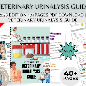 May include: A digital veterinary urinalysis guide with the title "VETERINARY URINALYSIS GUIDE" and the text "2026 EDITION 40+ PAGES PDF DOWNLOAD". The guide includes illustrations of urine samples, animals, and veterinary procedures. A "75% OFF" banner is visible.